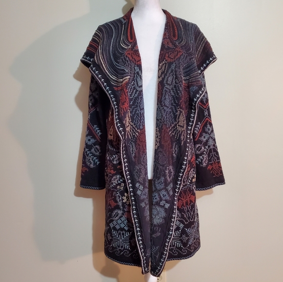 Johnny Was Biya cotton/wool blend black embroidered hooded cardigan sweater. S. - Picture 2 of 14